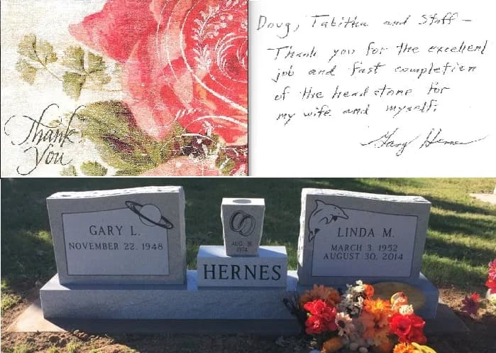 Gary Hernes' handwritten thank-you card beside the finished Hernes companion memorial in the cemetery